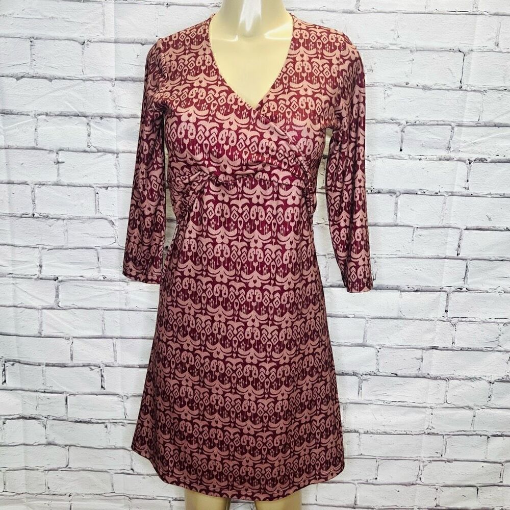 Prana Womens Red & Pink Ikat Tapaestry Surplice Long Sleeve Mini Dress Small
